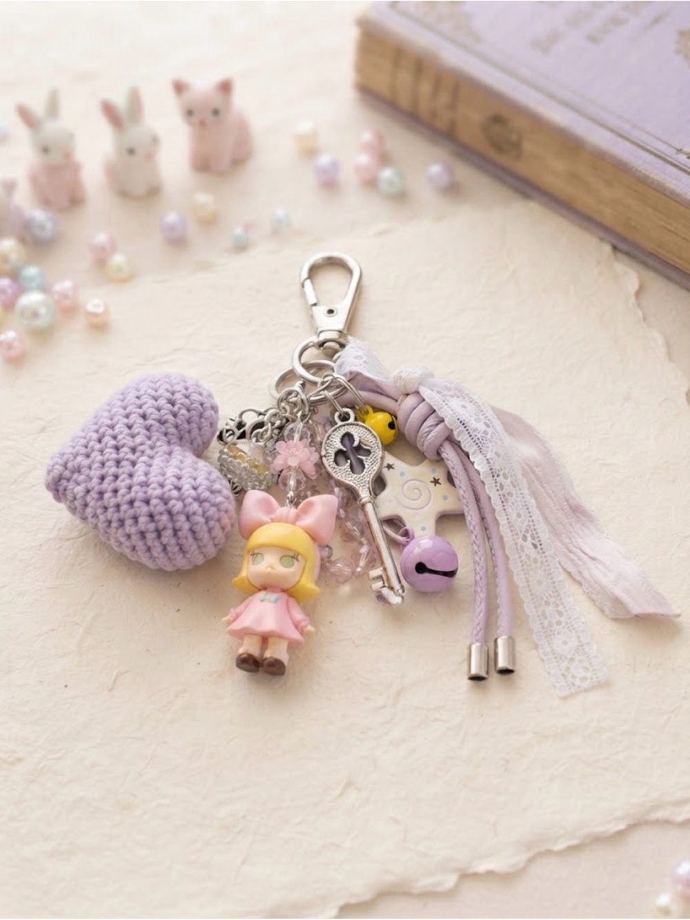 Custom Lavender Heart Charm Keychain with Doll and Lace Accents